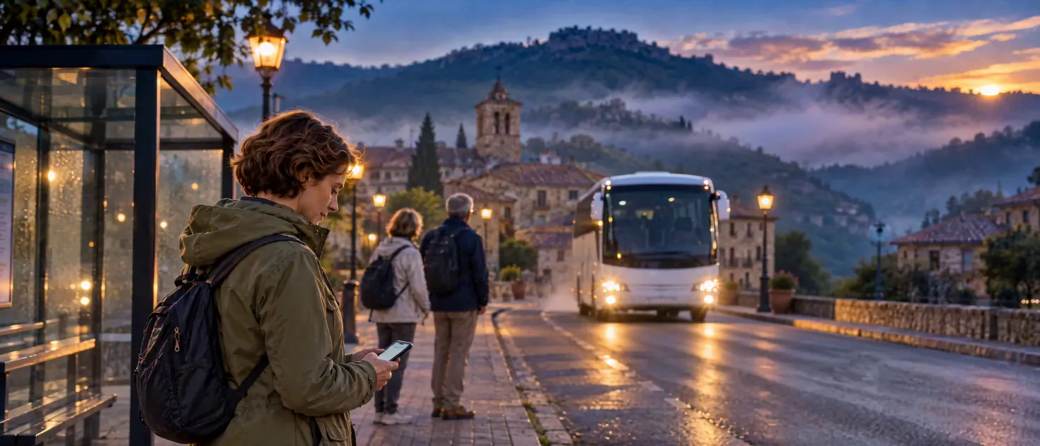 Al amanecer, una viajera lee su aviso en el móvil en la parada mientras llega el autocar