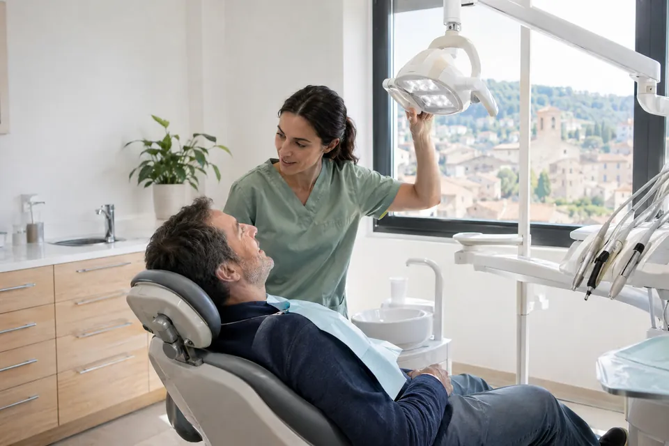 Dentista atendiendo a un paciente en su clínica