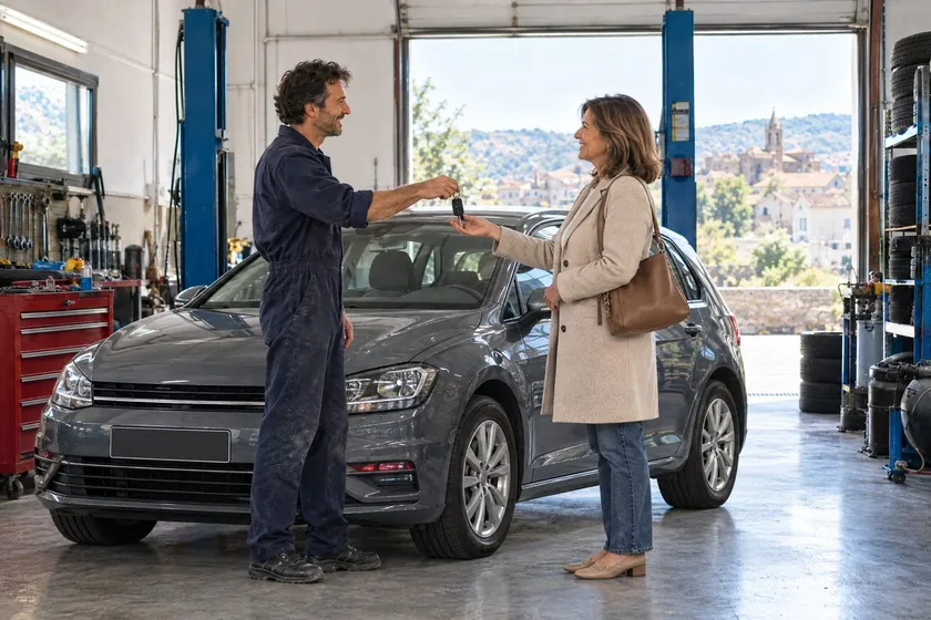 Mecánico entregando las llaves del coche a una clienta en el taller
